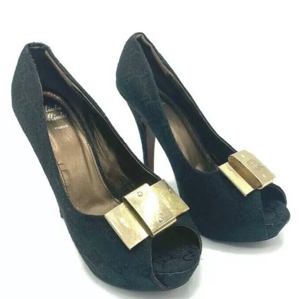 Miula Miula Paris Black & Gold Peep Toe High Heels